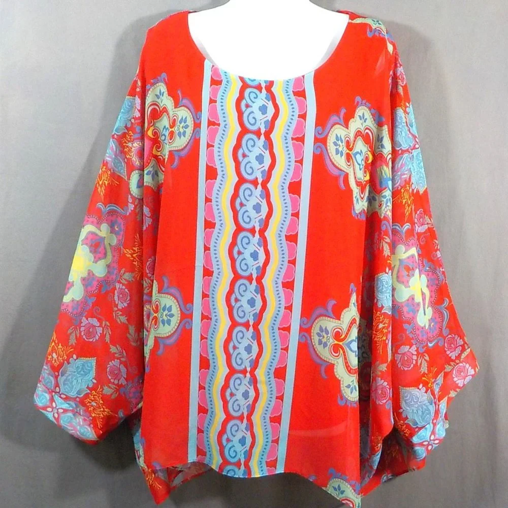 Colleen Lopez Red Boho Chic Sheer Layered Blouse Plus Size 2X - Picture 1 of 8
